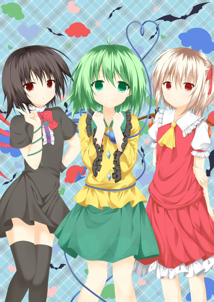 3girls absurdres ahoge ascot asymmetrical_wings bangs bat black_dress black_hair black_legwear blonde_hair blouse blue_background blue_wings bow bowtie buttons center_frills closed_mouth collared_blouse commentary_request cowboy_shot diamond_button dress eyeball eyebrows_visible_through_hair flandre_scarlet flat_chest frilled_dress frilled_shirt_collar frilled_skirt frilled_sleeves frills green_eyes green_hair green_skirt hair_between_eyes hair_ribbon heart heart_of_string highres houjuu_nue km-c komeiji_koishi long_sleeves looking_at_viewer medium_skirt multiple_girls no_hat no_headwear one_side_up plaid plaid_background puffy_short_sleeves puffy_sleeves red_bow red_bowtie red_eyes red_ribbon red_skirt red_vest red_wings ribbon shirt short_dress short_hair short_sleeves skirt smile snake thighhighs third_eye touhou ufo v vest white_shirt wide_sleeves wings wristband yellow_ascot yellow_blouse