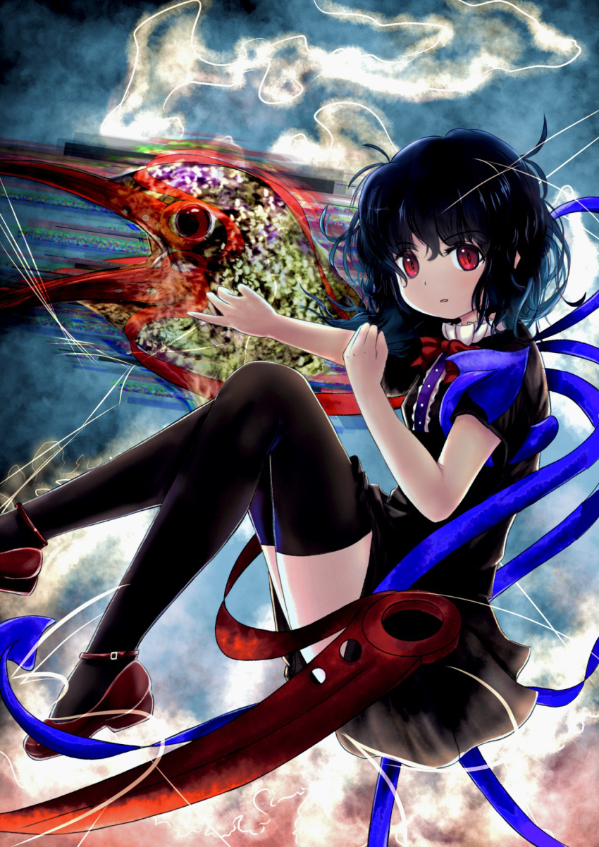 1girl asymmetrical_wings bangs black_dress black_hair black_legwear blue_wings blush bow bowtie buttons center_frills commentary_request dress eyebrows_visible_through_hair frilled_dress frills full_body highres houjuu_nue looking_at_viewer mary_janes morizou_shi open_mouth red_bow red_bowtie red_eyes red_footwear red_wings shoes short_dress short_hair short_sleeves solo thighhighs touhou wings