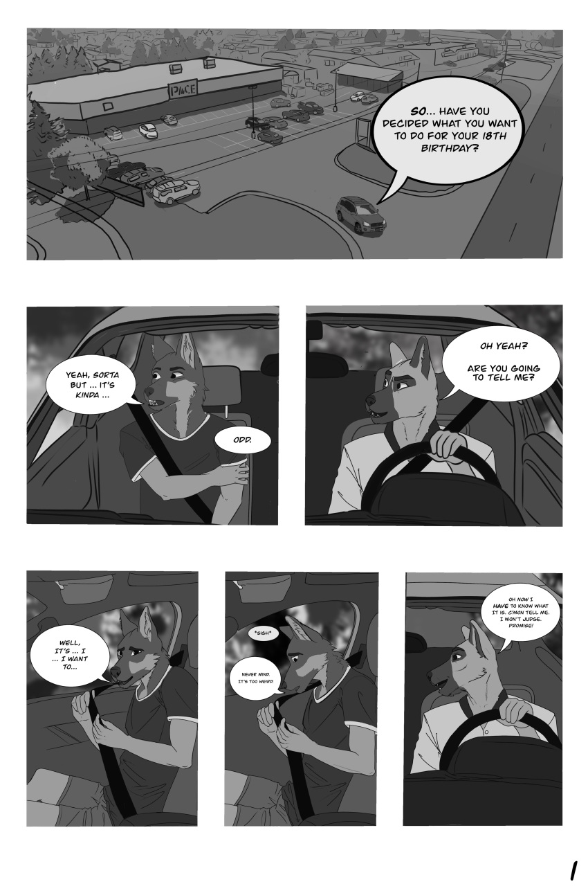 absurd_res age_difference anthro birthday canid canine canis car clothed clothing comic conkycorp defloration dialogue digital_media_(artwork) domestic_dog driving duo english_text family father father_and_child father_and_son german_shepherd herding_dog hi_res incest_(lore) inside_car invalid_tag love male male/male mammal mitchell monochrome nervous nervous_smile parent parent_and_child pastoral_dog relationship seatbelt sitting smile son steering_wheel teddy_(disambiguation) teenager text topwear vehicle virgin virginity young