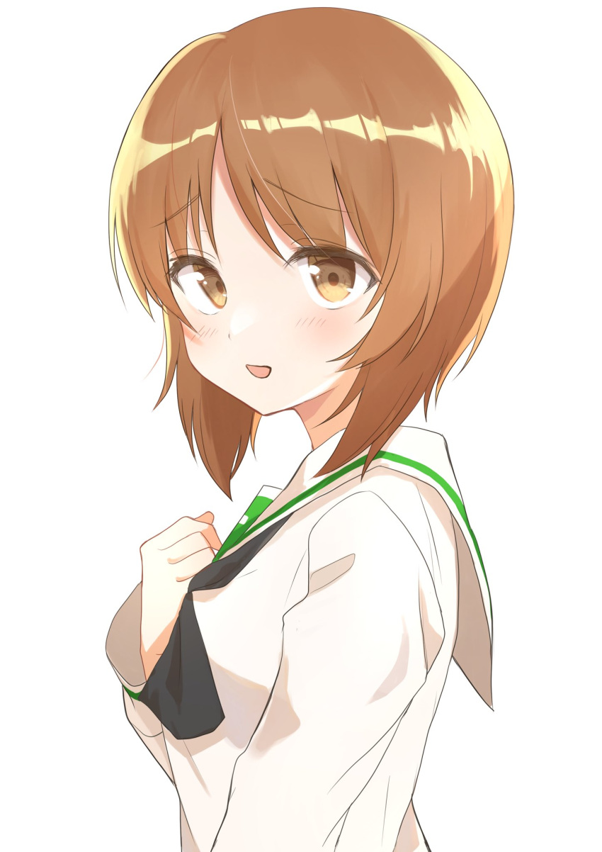 1girl :d black_neckerchief blouse blush brown_eyes brown_hair commentary_request eyebrows_visible_through_hair from_side girls_und_panzer highres long_sleeves looking_at_viewer neckerchief nishizumi_miho ooarai_school_uniform partial_commentary sailor_collar school_uniform short_hair simple_background smile solo upper_body white_background white_blouse white_sailor_collar yaminabe_(szhal14)