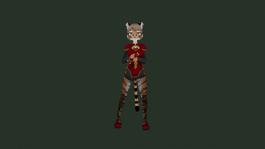 16:9 animated anthro asian_clothing chinese_clothing chinese_dress clothing dress east_asian_clothing felid feline female hi_res humanoid legwear mammal new_year_2022 pantherine short_playtime spacehorndog stockings tiger widescreen