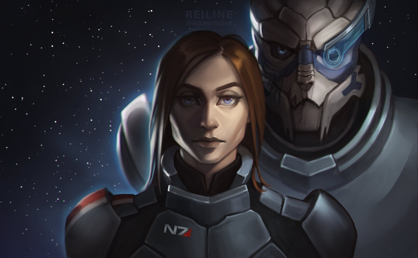 alien armor blue_eyes bodypaint commander_shepard duo face_paint facial_scar female garrus_vakarian hi_res human larger_alien larger_male looking_at_viewer male mammal mass_effect reiline scar size_difference smaller_female smaller_human space standing turian video_games visor