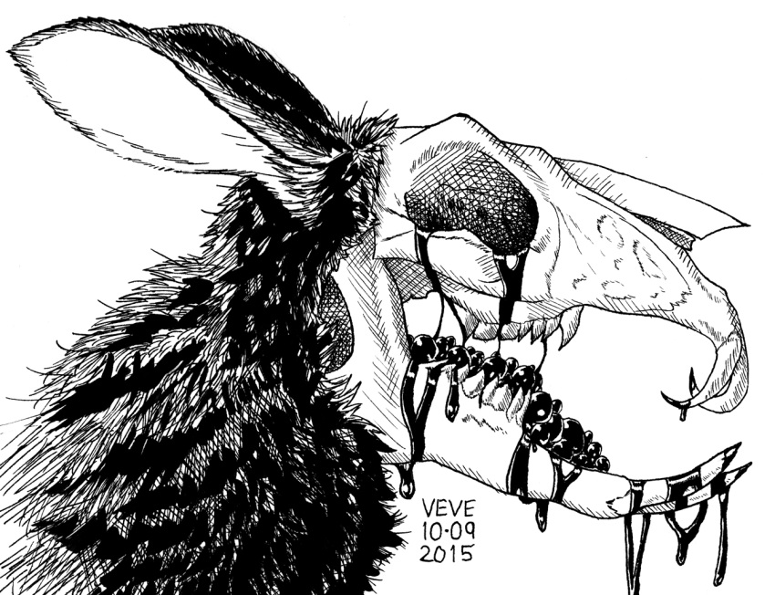 2015 ambiguous_fluids ambiguous_form ambiguous_gender black_and_white bone bubble dated long_ears monochrome sharp_teeth side_view signature skull skull_head skyelegs teeth