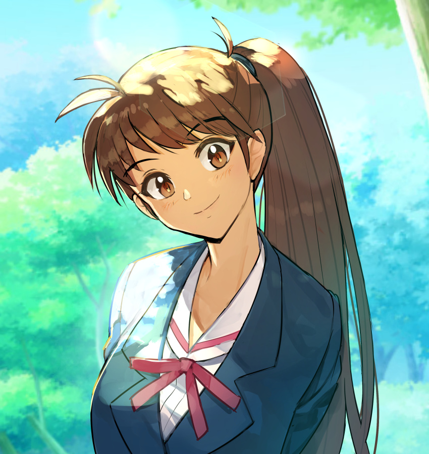 1girl absurdres arms_behind_back bangs blue_jacket brown_eyes brown_hair character_request closed_mouth commentary_request day eyebrows_visible_through_hair hide_(hideout) highres jacket long_hair looking_at_viewer neck_ribbon outdoors ponytail red_ribbon ribbon school_uniform shirt smile solo tree true_love_story upper_body white_shirt