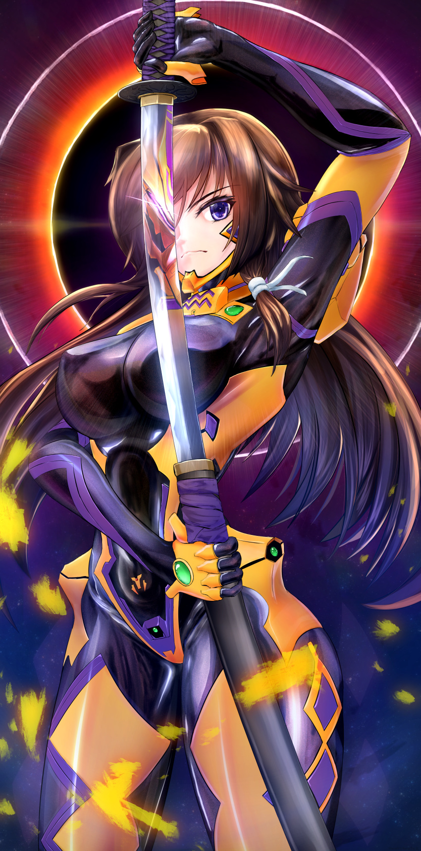 1girl absurdres breasts brown_hair eclipse floating_hair fortified_suit highres holding holding_sword holding_weapon katana large_breasts long_hair mecha muvluv muvluv_alternative muvluv_total_eclipse nyato pilot_suit purple_eyes reflection science_fiction skin_tight solo sword tactical_surface_fighter takamura_yui takemikazuchi_(muvluv) weapon