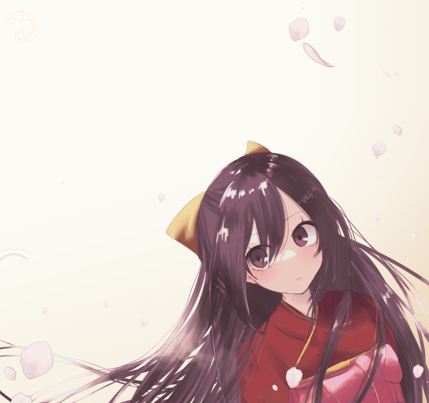 1girl bow cherry_blossoms commentary_request hair_bow hakama head_tilt highres japanese_clothes kamikaze_(kancolle) kantai_collection long_hair meiji_schoolgirl_uniform mizunototori one-hour_drawing_challenge partial_commentary petals pink_hakama purple_eyes purple_hair solo upper_body