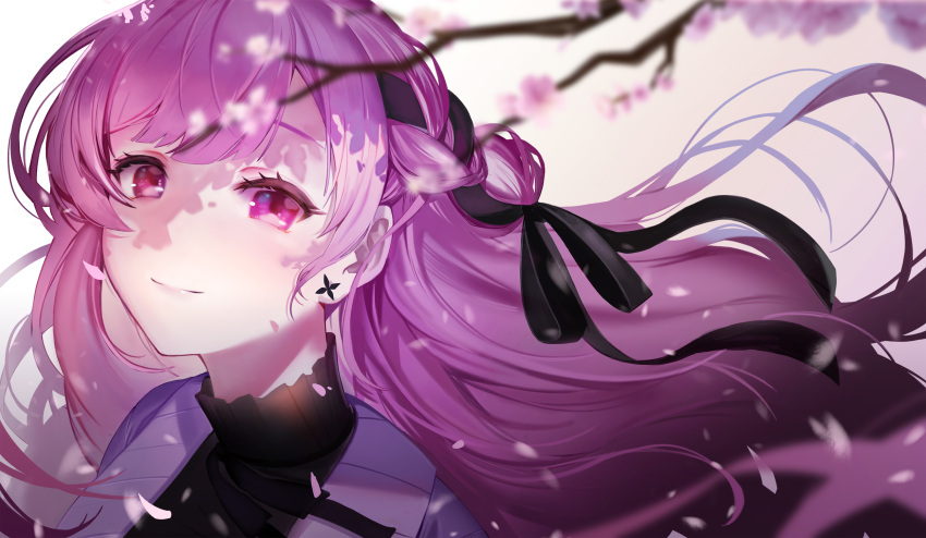 1girl bangs black_dress black_ribbon cherry_blossoms closed_mouth daika!! dress earrings floating_hair gradient gradient_background grey_jacket hair_ribbon highres jacket jewelry long_hair mikeneko_(utaite) niconico petals purple_eyes ribbon smile solo utaite_(singer)