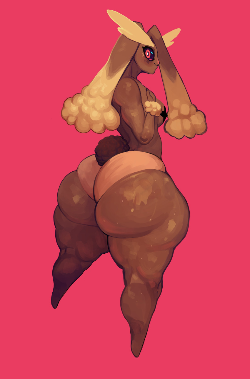 absurd_res anthro argohazak big_butt black_sclera bottom_heavy breasts brown_body brown_fur butt clothing female fur hi_res huge_butt lagomorph looking_at_viewer lopunny mammal nintendo pok&eacute;mon pok&eacute;mon_(species) rear_view red_background red_eyes simple_background smile solo standing thick_thighs video_games