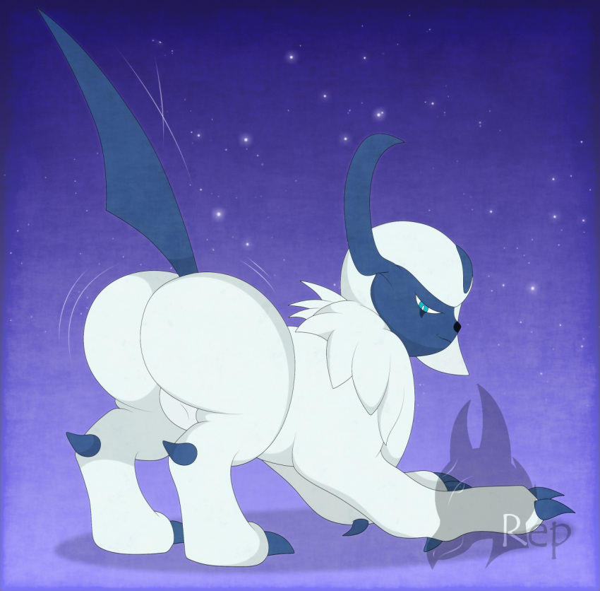 absol ambiguous_gender ass_up big_butt black_nose blue_body blue_claws blue_skin blue_tail butt claws feral fur gradient_background hi_res horn motion_lines nintendo pok&eacute;mon pok&eacute;mon_(species) presenting presenting_hindquarters purple_background reporterr shaking_butt simple_background sky small_nose solo star video_games watermark white_body white_fur