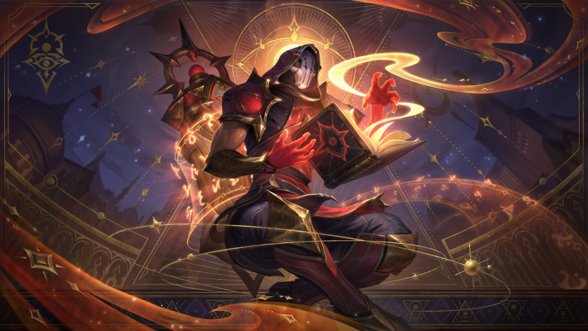 1boy armor artist_name belt biceps book crossed_legs floating gauntlets highres hood hoodie league_of_legends leg_armor light light_rays male_focus mask night night_sky official_art outdoors pants runes ryze scroll shirt shoulder_armor skirt sky solar_system solo star_(symbol) tarot the_sun_(tarot) toga