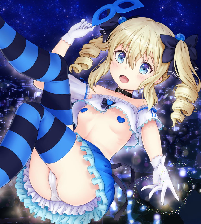 :d angelina_kudou_shields bangs beads black_choker blonde_hair blue_eyes blue_mask blue_pasties blue_ribbon blush breasts carnival_mask choker collarbone detached_sleeves drill_hair frilled_skirt frills gloves hair_beads hair_between_eyes hair_ornament highres looking_at_viewer magical_girl mahouka_koukou_no_rettousei mask mask_removed medium_hair midriff open_mouth panties pasya-pasya reaching_out ribbon skirt small_breasts smile stomach thighs twin_drills underwear white_gloves white_panties