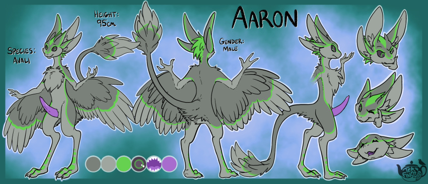 2022 3_fingers 3_toes 4_ears aaron_(aaronfranke) anthro avali avian blue_background character_name chest_tuft claws color_swatch countershade_feathers countershading english_text feathered_wings feathers featureless_crotch feet fingers genitals green_body green_ears green_eyes green_feathers green_scutes green_stripes green_tail_feathers grey_body grey_claws grey_ears grey_feathers grey_inner_ear_fluff grey_sclera grey_tail_feathers grey_toes hi_res information inner_ear_fluff long_ears male male_(lore) measurements model_sheet multi_ear multicolored_body multicolored_feathers nude penis purple_insides purple_mouth purple_penis simple_background slightly_open_mouth solo species_name stripes tail_feathers tapering_penis teafinch teeth text thinking_pose toes tuft two_tone_body two_tone_feathers watermark winged_arms wings