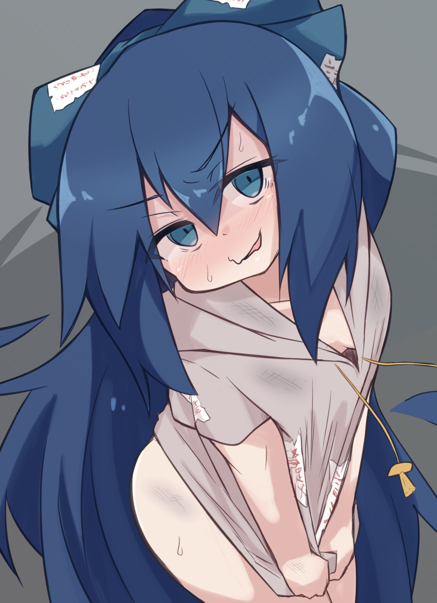 1girl bangs blue_eyes blue_hair blush bottomless bow breasts commentary_request cowboy_shot debt eyebrows_visible_through_hair grey_hoodie hair_between_eyes hair_bow highres hood hoodie hoodie_pull long_hair looking_at_viewer open_mouth small_breasts solo touhou yayuyoyayuyo yorigami_shion