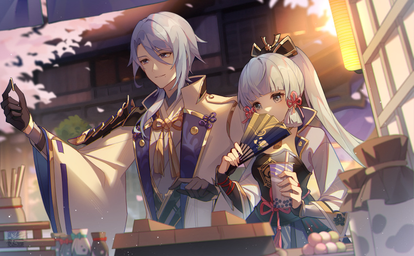 1boy 1girl absurdres armor armored_dress autumnlll blue_eyes breastplate coin covering_mouth cup drink eyebrows_visible_through_hair falling_petals folding_fan food genshin_impact hair_between_eyes hair_ribbon hand_fan highres holding holding_coin holding_drink holding_fan jacket japanese_armor japanese_clothes kamisato_ayaka kamisato_ayato kimono kusazuri lantern long_hair medium_hair mole mole_under_eye mole_under_mouth neck_tassel paper_lantern petals ponytail ribbon shoulder_armor silver_hair tree tress_ribbon wagashi white_jacket white_kimono wide_sleeves