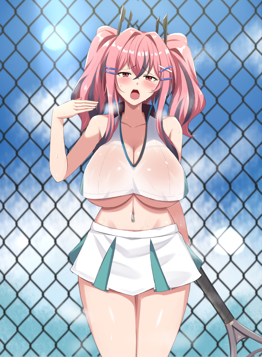 1girl absurdres against_fence azur_lane bangs bare_shoulders black_hair blue_sky blush breasts bremerton_(azur_lane) bremerton_(scorching-hot_training)_(azur_lane) chain-link_fence cleavage collarbone cowboy_shot crop_top day eyebrows_visible_through_hair fanning_self fence hair_ornament hairclip highres hot huge_breasts looking_at_viewer miniskirt multicolored_hair navel navel_piercing official_alternate_costume open_mouth outdoors piercing pink_hair racket red_eyes sidelocks skirt sky sleeveless solo streaked_hair sweat tennis_racket twintails two-tone_hair underboob white_skirt wuwusan x_hair_ornament