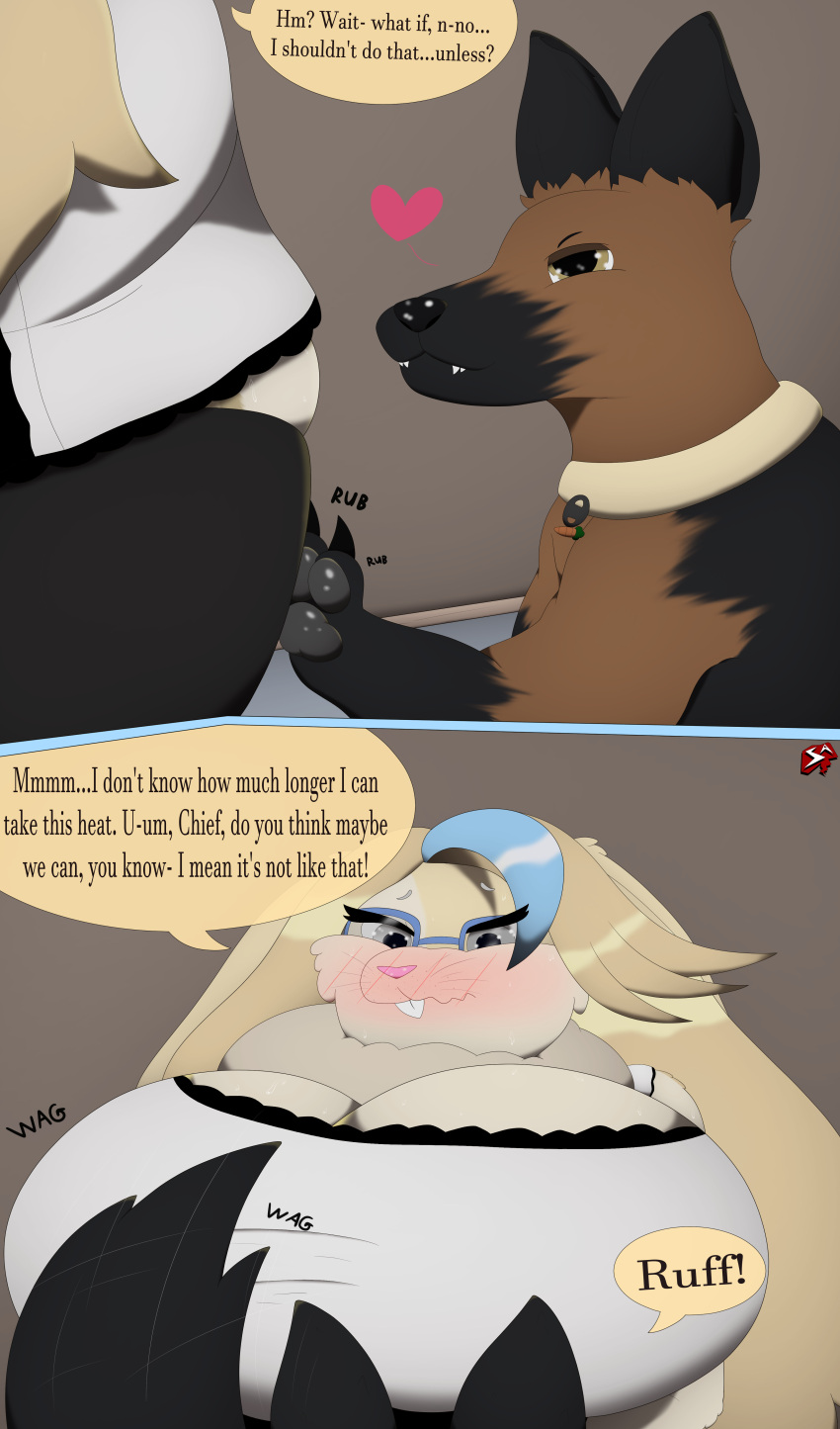 &lt;3 absurd_res anthro anthro_on_feral bangs barking bedroom_eyes bestiality big_breasts black_body black_fur black_nose black_pawpads blessing_(stylish_apollo) blonde_hair blue_highlights blush bodily_fluids bottomwear breasts brown_body brown_fur buckteeth canid canine canis chief_(stylish_apollo) claws cleavage clothed clothing collar comic countershade_face countershade_legs countershade_torso countershading dialogue domestic_dog domestic_rabbit duo english_lop english_text eyewear female feral floppy_ears freckles fur german_shepherd glasses grey_eyes hair herding_dog hi_res highlights_(coloring) hightlights huge_breasts imminent_sex in_heat inside lagomorph leggings legwear leporid lop_rabbit maid_uniform male male/female mammal narrowed_eyes neck_tuft nerd nervous oryctolagus pastoral_dog pawpads paws pink_nose rabbit rubbing seductive skirt slightly_chubby smile stylish_apollo sweat tail_motion tailwag tan_body tan_fur teeth text thick_thighs thigh_highs toe_claws tuft uniform whiskers yellow_eyes