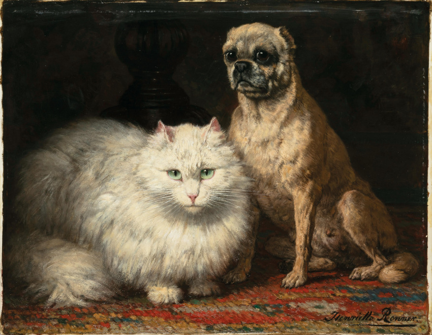 absurd_res ambiguous_gender ancient_art black_nose brown_body brown_fur claws digitigrade domestic_cat duo felid feline felis female feral fluffy fur green_eyes henriette_ronner-knip hi_res inner_ear_fluff looking_at_viewer mammal nipples no_sclera nude oil_painting_(artwork) painting_(artwork) pink_nose public_domain pupils quadruped signature sitting slit_pupils toe_claws traditional_media_(artwork) tuft whiskers white_body white_fur