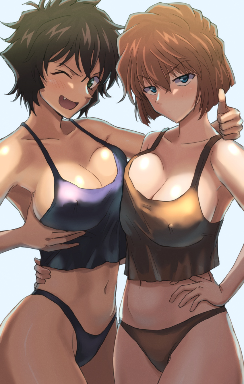 2girls ;d blonde_hair breast_grab breast_press breasts brown_hair camisole covered_nipples didd_ley fang glaring grabbing haibara_ai highres jitome large_breasts meitantei_conan midriff miyano_shiho multiple_girls navel one_eye_closed panties sera_masumi short_hair smile symmetrical_docking thumbs_up underwear underwear_only