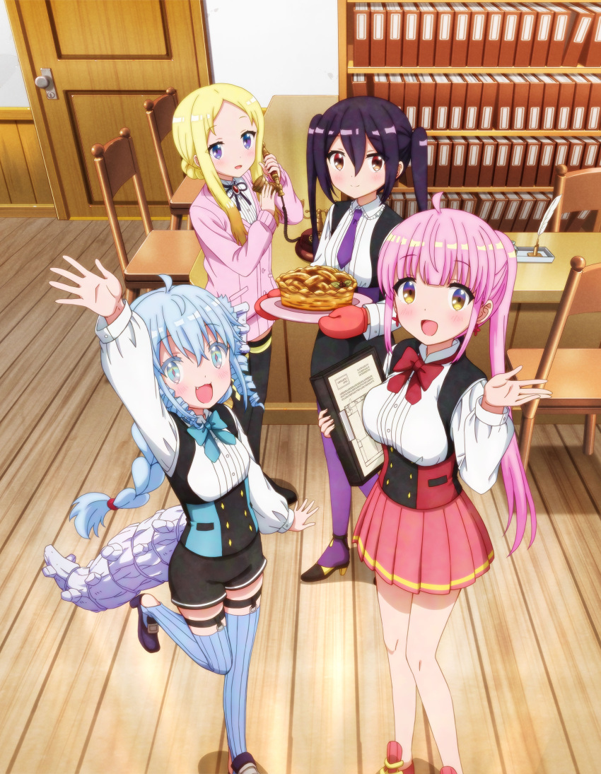 absurdres ahoge arm_up bangs black_ribbon black_shorts blouse blue_eyes blue_hair blue_legwear blush bow bowtie brown_eyes fa_(rpg_fudousan) fang feet_out_of_frame food high_heels highres holding holding_food kazairo_kotone key_visual neck_ribbon official_art parted_bangs pie pink_mittens pink_skirt pleated_skirt promotional_art purple_eyes purple_hair rakira_(rpg_fudousan) red_neckwear ribbed_legwear ribbon rpg_fudousan rufuria_(rpg_fudousan) shorts sidelocks skirt smile thighhighs twintails white_blouse