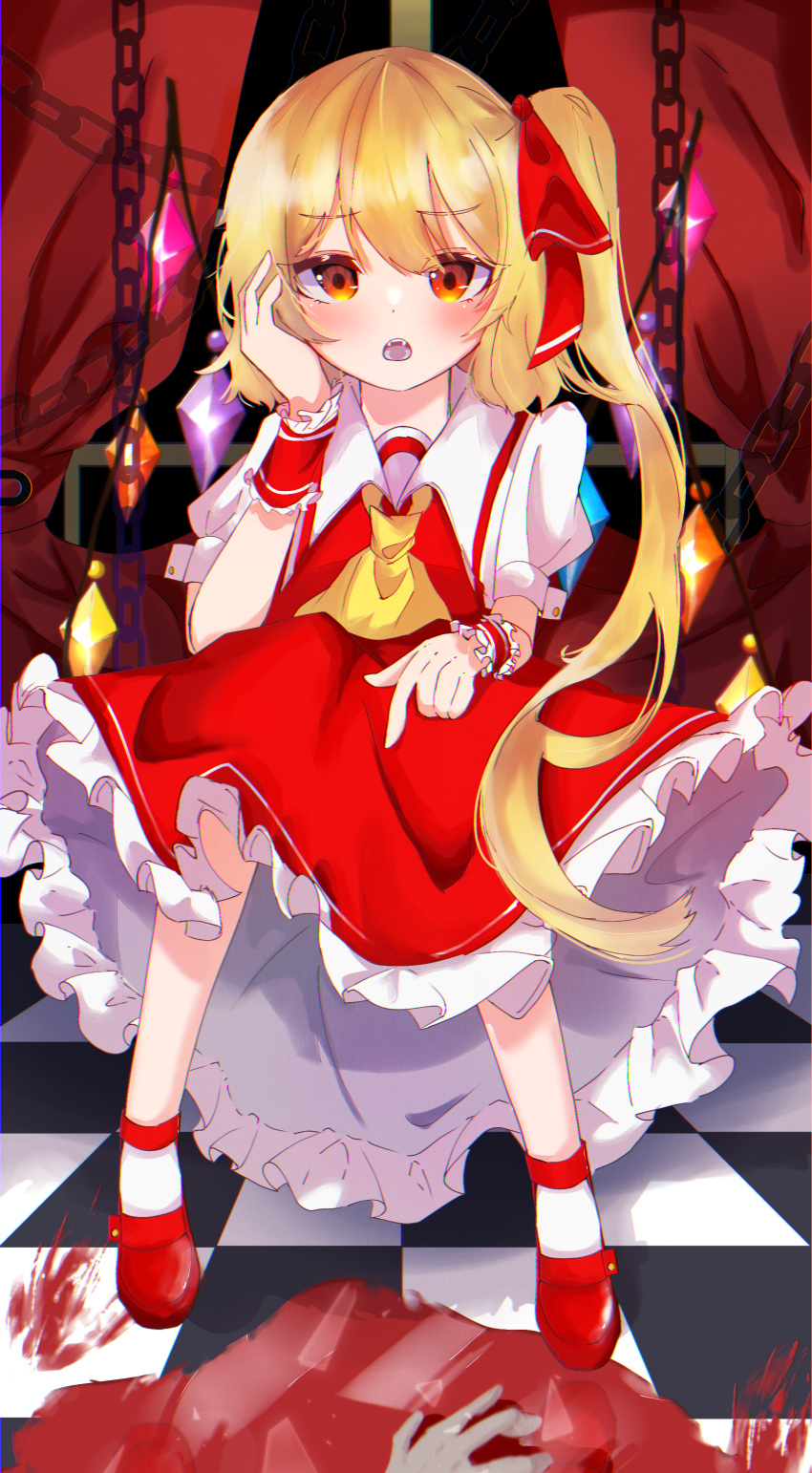 1girl 1other absurdres ascot blonde_hair chain checkered checkered_floor crystal cuffs curtains eyebrows_visible_through_hair fangs flandre_scarlet highres looking_at_viewer mary_janes no_hat no_headwear nuts_syake open_mouth petticoat puffy_short_sleeves puffy_sleeves red_eyes red_footwear red_skirt ribbon shoes short_sleeves signature sitting skirt skirt_set socks solo_focus teeth tile_floor tiles touhou vest wings wrist_cuffs