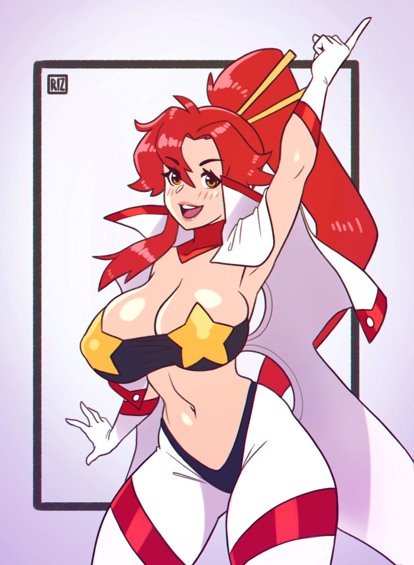 1girl absurdres arm_up artist_name blush breasts brown_eyes cleavage eyebrows_visible_through_hair gloves highres index_finger_raised large_breasts lips long_hair looking_at_viewer open_mouth ponytail red_hair riz sidelocks smile solo teeth tengen_toppa_gurren_lagann upper_teeth white_gloves yoko_littner