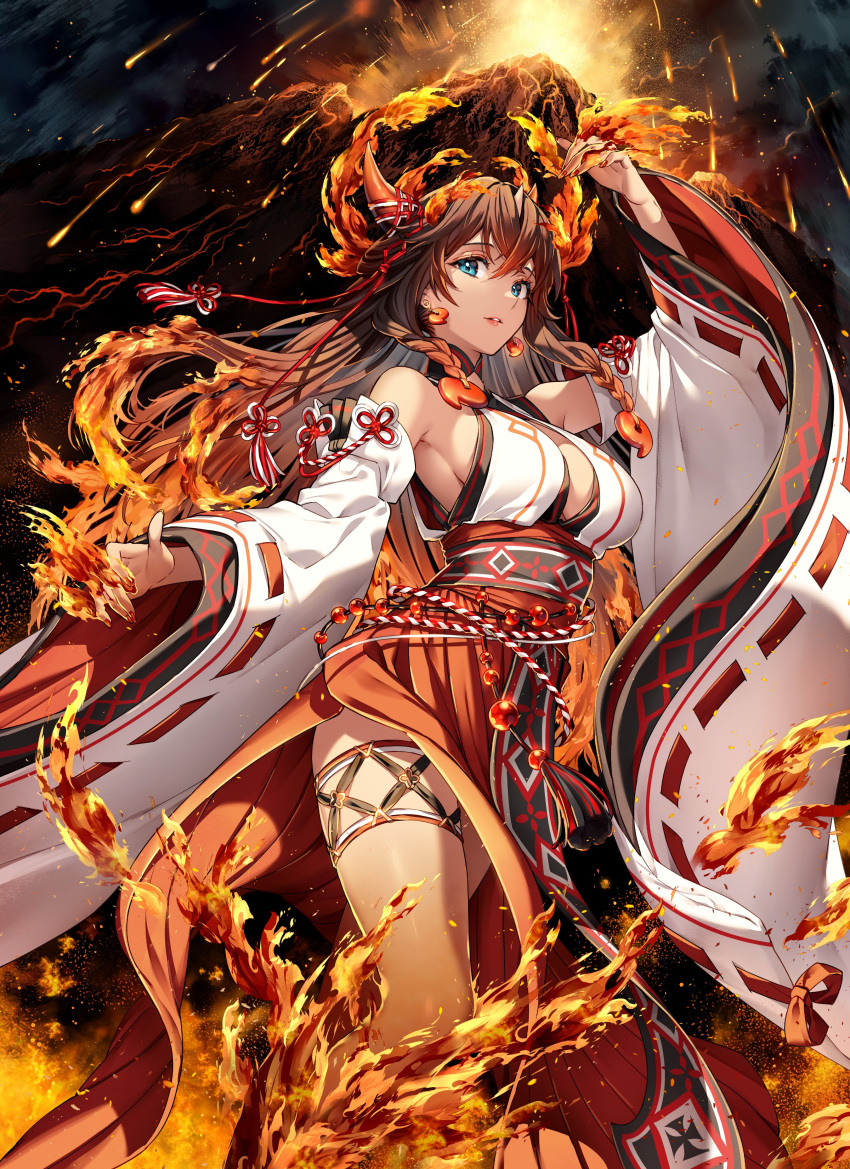 1girl absurdres arm_at_side arm_up blue_eyes breasts brown_hair chain_chronicle character_request eruption fiery_hair fire highres horns japanese_clothes large_breasts long_sleeves looking_at_viewer nardack official_art single_horn solo volcano wide_sleeves