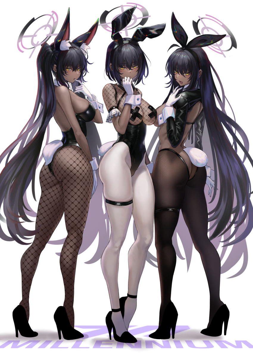 3girls absurdres alternate_hairstyle animal_ear_fluff animal_ears ass b-pang bangs bare_shoulders black_footwear black_hair black_hairband blue_archive breasts brown_legwear butt_crack closed_mouth cross_pasties dark-skinned_female dark_skin detached_collar eyebrows_visible_through_hair fake_animal_ears fishnet_legwear fishnet_top fishnets full_body gloves gradient_hair hair_between_eyes hairband halo high_heels highres karin_(blue_archive) large_breasts leotard long_hair long_sleeves looking_at_viewer meme_attire multicolored_hair multiple_girls multiple_views official_alternate_costume open_mouth pantyhose pasties playboy_bunny purple_hair rabbit_ears reverse_bunnysuit reverse_outfit revision short_hair shrug_(clothing) simple_background strapless strapless_leotard streaked_hair tail thigh_strap thighs very_long_hair white_background white_gloves white_legwear wrist_cuffs yellow_eyes