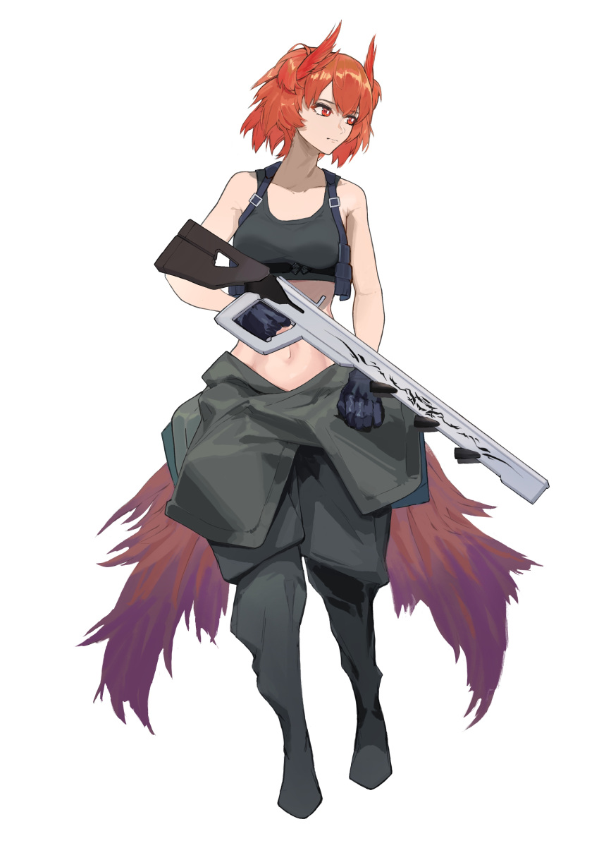 1girl absurdres alkaid alternate_costume arknights bangs bare_shoulders black_gloves black_pants commentary_request crop_top fiammetta_(arknights) full_body gloves gun highres holding holding_gun holding_weapon midriff navel pants red_eyes red_hair short_hair simple_background solo sports_bra standing stomach weapon white_background
