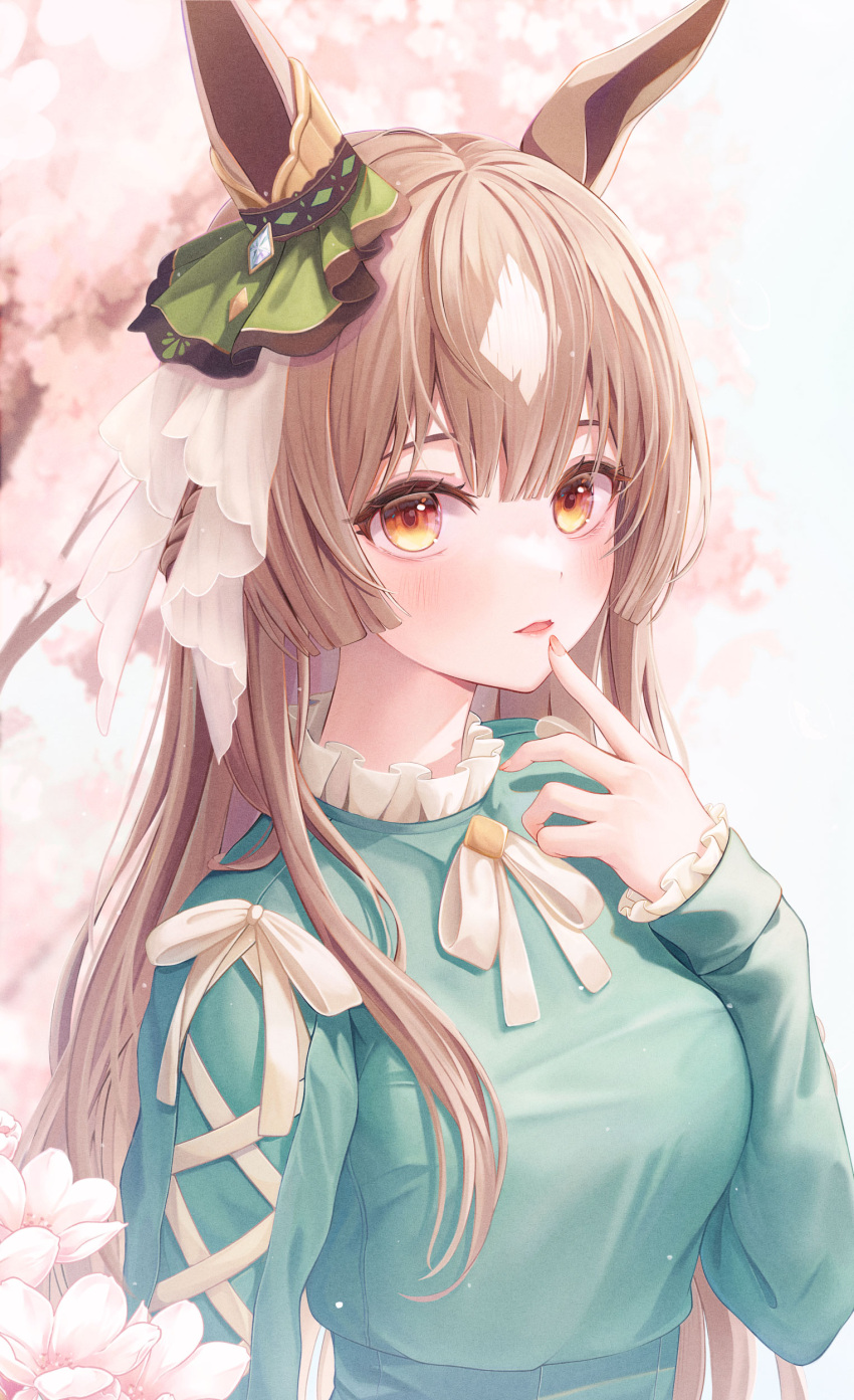 1girl absurdres animal_ear_fluff animal_ears bangs blush breasts brown_eyes brown_hair commentary_request dress eyebrows_visible_through_hair finger_to_mouth funii green_ribbon hand_up highres horse_ears long_hair long_sleeves looking_at_viewer neck_ribbon parted_lips ribbon satono_diamond_(umamusume) solo umamusume upper_body very_long_hair