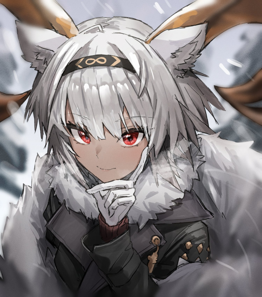 1girl animal_ears arknights bangs black_coat blurry blurry_background carnelian_(arknights) carnelian_(hohenlohe_chillysand)_(arknights) closed_mouth coat collarbone dark-skinned_female dark_skin depth_of_field eyebrows_visible_through_hair fur_collar gloves goat_ears goat_girl goat_horns hand_on_own_cheek hand_on_own_face highres horns long_sleeves looking_at_viewer official_alternate_costume outdoors raw_egg_lent red_eyes short_hair silver_hair smile snowing solo upper_body white_gloves