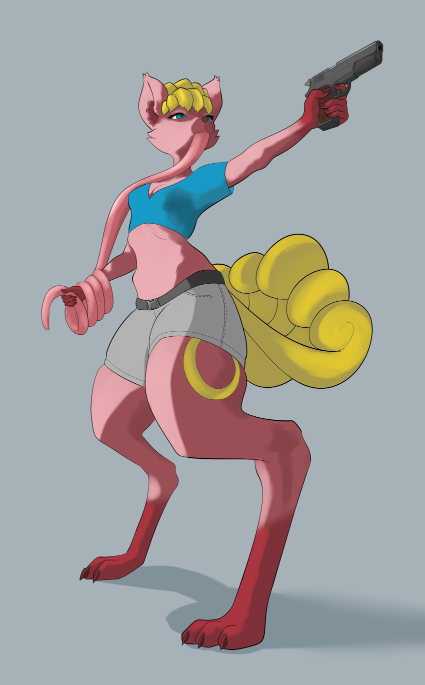 absurd_res anthro female fur grey_background gun hi_res holding_tongue hybrid lickitung long_tongue multi_tail nintendo pink_body pink_fur pok&eacute;mon pok&eacute;mon_(species) ranged_weapon simple_background solo tongue tongue_out unknown_artist video_games vulpix weapon yellow_body yellow_fur