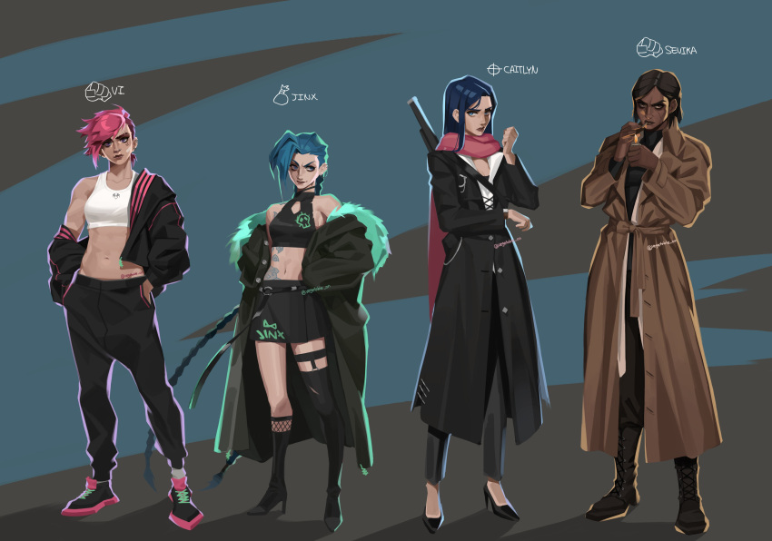 4girls absurdres alternate_costume arcane:_league_of_legends arcane_jinx asymmetrical_legwear bangs bare_shoulders black_coat black_footwear black_jacket black_legwear black_pants black_skirt blue_hair boots braid breasts brie_(vegetable_on) brown_coat brown_footwear brown_hair brown_pants caitlyn_(league_of_legends) character_name cigar closed_mouth cloud_tattoo coat dark-skinned_female dark_skin full_body green_background grey_background hand_up high_heels highres holding holding_cigar jacket jinx_(league_of_legends) knee_boots kneehighs league_of_legends lighter long_hair long_sleeves looking_at_viewer medium_breasts multiple_girls navel off_shoulder open_clothes open_coat open_jacket pants pink_hair pink_scarf red_lips scarf sevika_(arcane) shiny shiny_hair short_hair siblings single_bare_shoulder single_kneehigh single_thighhigh sisters skirt smile standing stomach thighhighs twin_braids vi_(league_of_legends) weapon