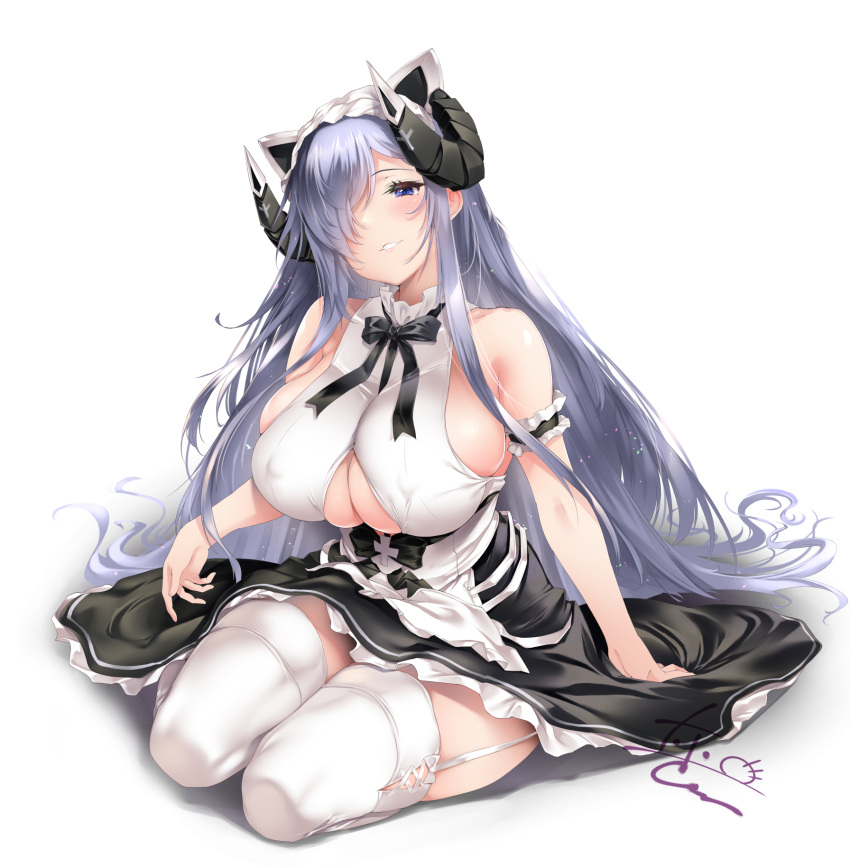 1girl apron august_von_parseval_(azur_lane) august_von_parseval_(the_conquered_unhulde)_(azur_lane) azur_lane bangs bare_shoulders black_skirt blue_eyes blue_hair blush breasts cleavage clothing_cutout curled_horns hair_over_one_eye highres horns large_breasts long_hair looking_at_viewer mechanical_horns official_alternate_costume oohira_sunset skirt smile solo thighhighs two-tone_dress underboob_cutout white_apron white_legwear