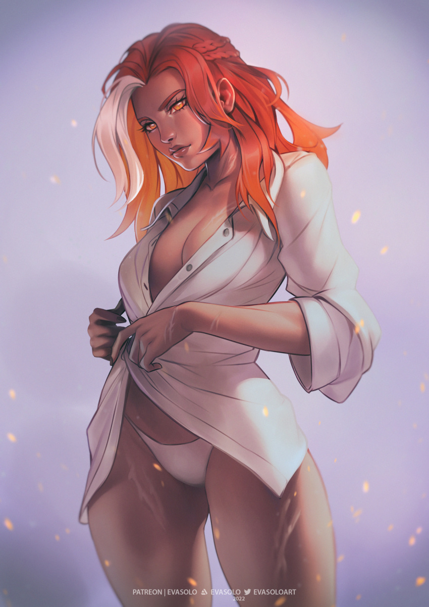 1girl artist_name borrowed_character braid breasts buttons collared_shirt commentary dark-skinned_female dark_skin dress_shirt english_commentary eva_solo expressionless highres large_breasts lips long_hair looking_at_viewer multicolored_hair no_pants orange_eyes orange_hair original panties red_hair scar scar_on_arm scar_on_breasts scar_on_leg shirt solo standing twitter_logo two-tone_hair underwear white_panties white_shirt wide_sleeves