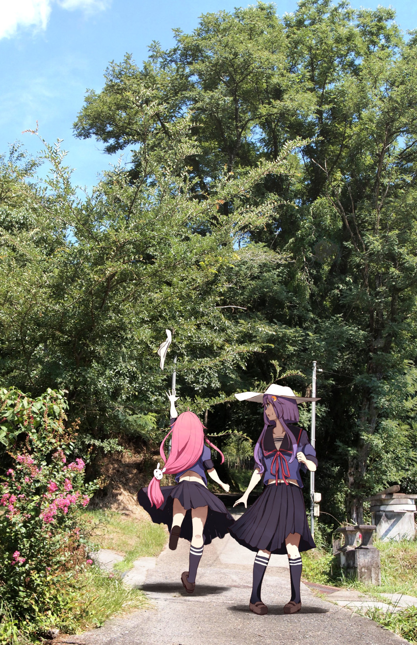 2girls absurdres black_legwear black_sailor_collar black_skirt blue_serafuku brown_footwear bunny_hair_ornament crescent crescent_hair_ornament from_behind hair_ornament hat highres kantai_collection long_hair looking_back multiple_girls munehiro_(21plus) photo_background pleated_skirt purple_hair real_world_location red_hair sailor_collar school_uniform serafuku shirt short_sleeves sidelocks skirt sun_hat uzuki_(kancolle) white_headwear white_shirt yayoi_(kancolle)