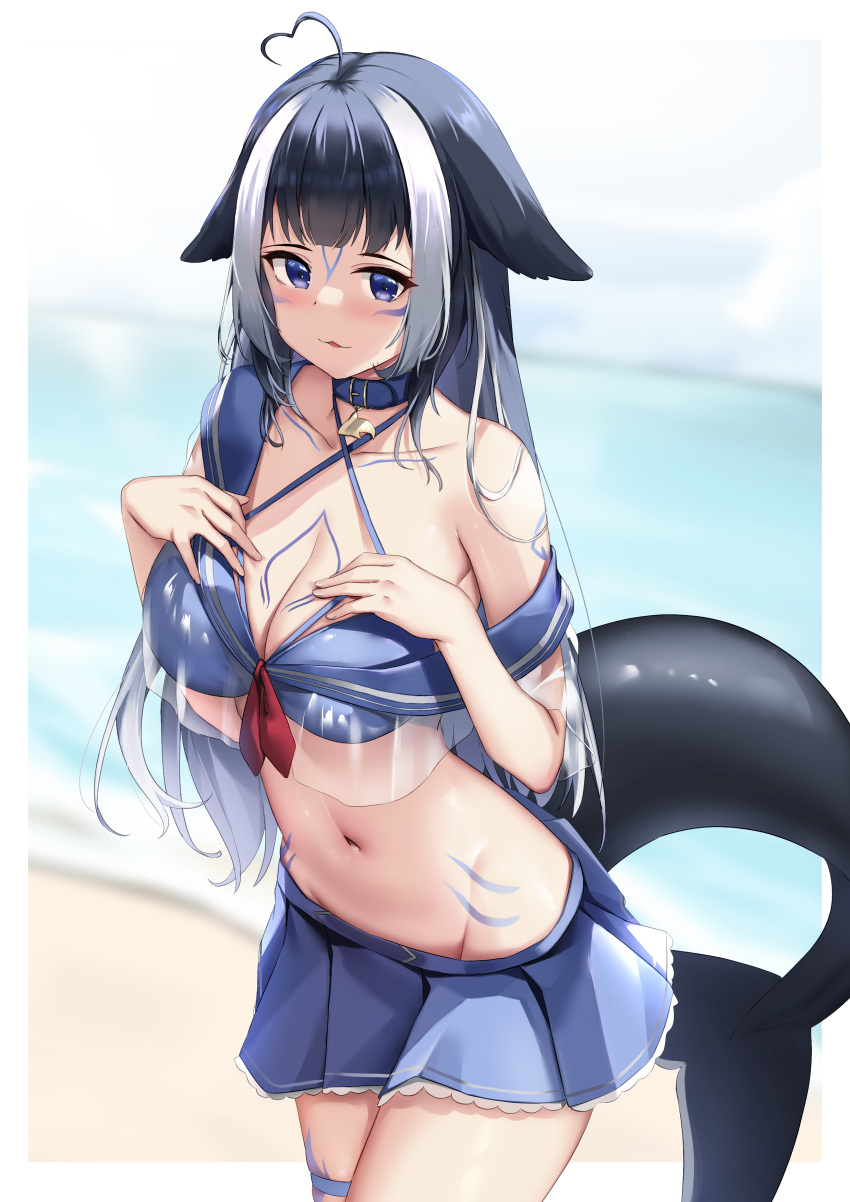 1girl absurdres ahoge animal_ears arm_tattoo bangs bikini blue_bikini blue_collar blue_eyes blue_sailor_collar blue_skirt breast_tattoo breasts cleavage collar commentary cowboy_shot criss-cross_halter english_commentary facial_mark groin halterneck hands_on_own_chest heart_ahoge highres indie_virtual_youtuber large_breasts long_hair looking_at_viewer multicolored_hair navel parted_lips pleated_skirt revision sailor_collar see-through shylily single_bare_shoulder skai_kun skirt solo standing stomach streaked_hair swimsuit tail tattoo thigh_strap very_long_hair virtual_youtuber