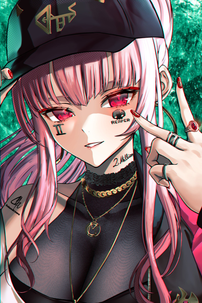 1girl adjusting_clothes adjusting_headwear bangs baseball_cap black_choker black_headwear black_shirt blunt_bangs breasts chain choker chu-e embroidery english_text eyelashes facial_tattoo fingernails floating_hair gem gold gold_chain gold_necklace green_background hair_behind_ear half-closed_eyes hand_on_headwear hat high_ponytail highres hololive hololive_english jacket jacket_partially_removed jewelry large_breasts lipgloss lipstick long_eyelashes long_hair makeup mori_calliope multiple_necklaces multiple_rings nail_art nail_polish neck_tattoo necklace parted_lips pendant pink_hair ponytail portrait red_eyes red_gemstone red_lips red_nails ring see-through see-through_shirt shirt sidelocks solo tattoo track_jacket tsurime v virtual_youtuber
