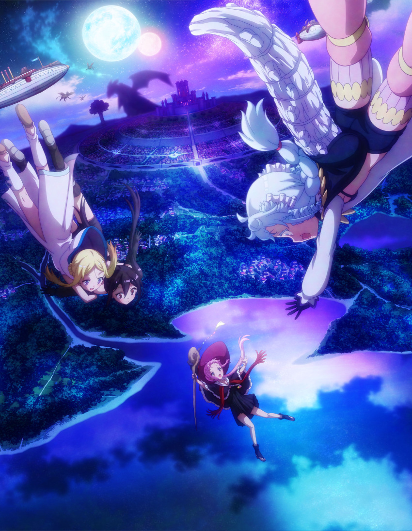 4girls absurdres aircraft black_dress blonde_hair blue_hair cloak dirigible dragon dress fa_(rpg_fudousan) falling from_above hat highres holding holding_staff kazairo_kotone key_visual long_hair multiple_girls night official_art open_mouth outstretched_arm pink_hair promotional_art purple_hair rakira_(rpg_fudousan) rpg_fudousan rufuria_(rpg_fudousan) sidelocks staff twintails white_cloak witch_hat