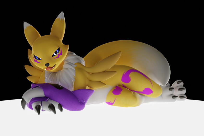 bandai_namco black_background black_sclera blue_eyes canid canine chest_tuft clothing crossed_arms digimon digimon_(species) female fever-dreamer fox fur glowing glowing_eyes hi_res looking_at_viewer lying mammal mane multicolored_body multicolored_fur on_front renamon ruff simple_background solo tenzide tongue tongue_out tuft waeverstan white_body white_fur yellow_body yellow_fur