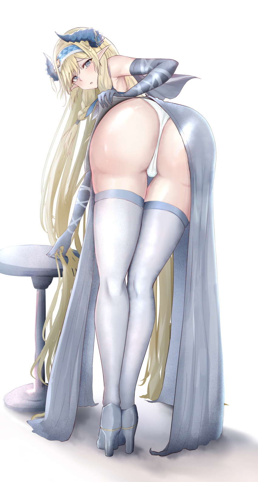 1girl :o absurdres alternate_costume arknights ass bare_shoulders bent_over blue_eyes blue_hairband blush braid clothes_lift dragon_horns dress dress_lift elbow_gloves from_behind full_body gloves grey_dress grey_footwear grey_gloves grey_legwear hairband high_heels highres horns lifted_by_self long_hair looking_at_viewer looking_back panties parted_lips pointy_ears poni_(poni_arknights) saileach_(arknights) simple_background solo standing thigh_gap thighhighs twin_braids underwear very_long_hair white_background white_panties