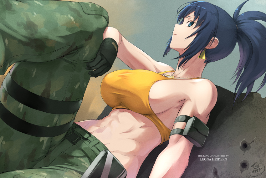 1girl 7974game abs armlet blue_eyes blue_hair breasts camouflage camouflage_pants character_name earrings gloves hand_on_own_knee highres jewelry leona_heidern midriff muscular muscular_female pants ponytail sideboob signature sitting solo tank_top the_king_of_fighters the_king_of_fighters_xiv the_king_of_fighters_xv triangle_earrings yellow_tank_top