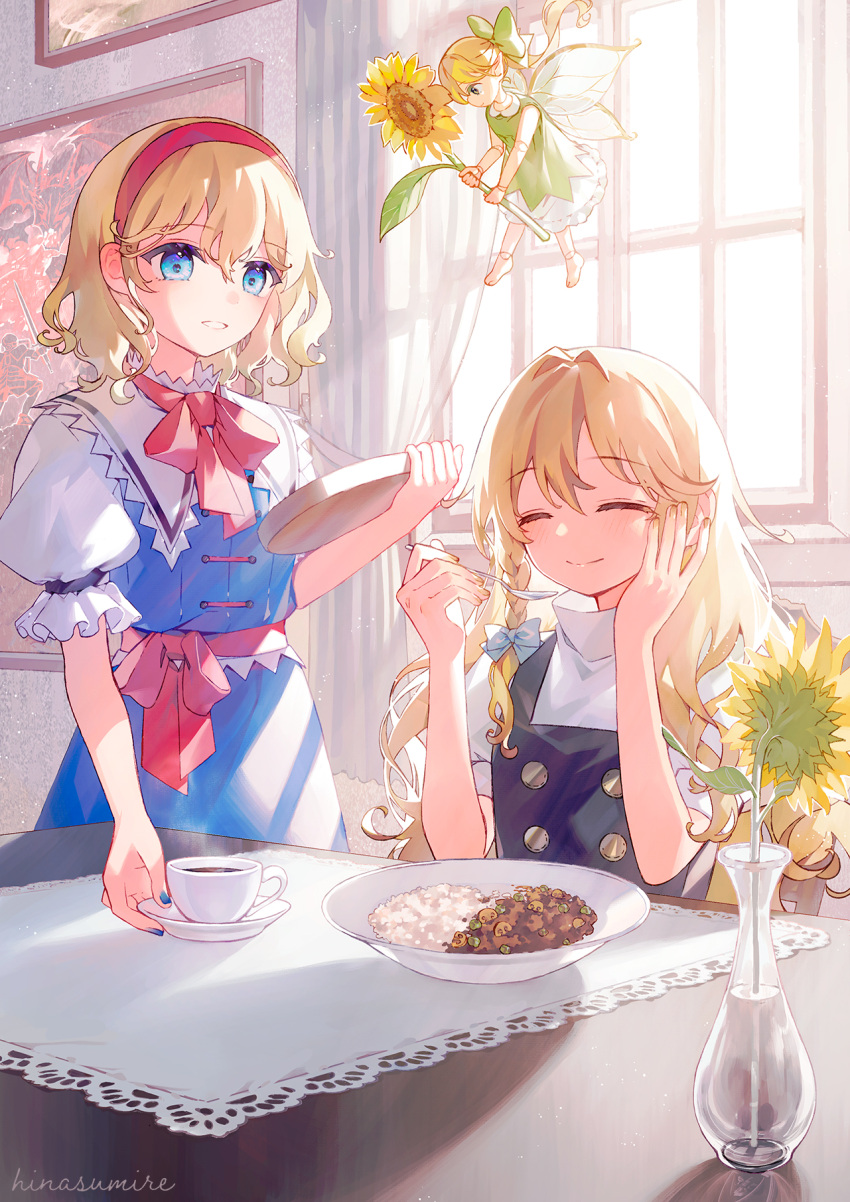 3girls alice_margatroid artist_name bangs blonde_hair blue_dress blue_eyes blue_nails blue_ribbon blush bow bowtie braid buttons closed_eyes closed_mouth commentary_request cup curry curry_rice double-breasted dress eyelashes fairy flower flower_pot food hair_ribbon hairband hand_on_own_cheek hand_on_own_face highres hinasumire holding holding_tray indoors kirisame_marisa lolita_hairband long_hair looking_at_another minigirl multiple_girls no_hat no_headwear painting_(object) parted_lips puffy_short_sleeves puffy_sleeves red_bow red_bowtie red_hairband red_ribbon ribbon rice shirt short_hair short_sleeves single_braid sitting smile sunflower table tablecloth teacup touhou tray tress_ribbon white_curtains white_shirt window