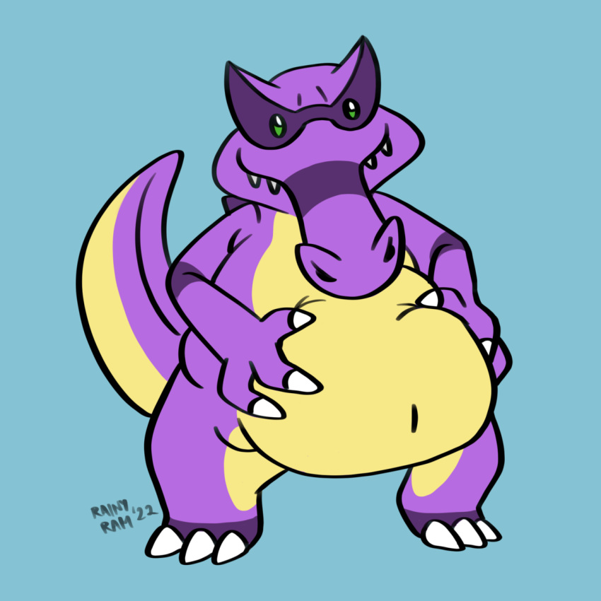 1:1 alligator alligatorid anthro belly big_belly claws crocodilian green_eyes hi_res holding_belly hybrid krookodile male nintendo pok&eacute;mon pok&eacute;mon_(species) purple_body rainy_ram reptile scalie sergio_the_buff smile smirk snout solo standing teeth toe_claws video_games yellow_belly