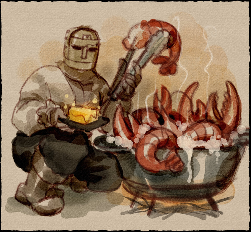 1boy blackguard_big_boggart butter cooking elden_ring food helmet highres lobster looking_at_viewer nightmaresyrup pot solo squatting