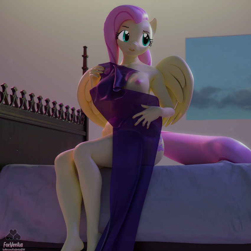 3d_(artwork) absurd_res anthro anthrofied bed clothing digital_media_(artwork) dress equid equine feathers female fluttershy_(mlp) foxventus friendship_is_magic furniture hi_res mammal my_little_pony nude pegasus sitting solo wings yellow_body yellow_feathers