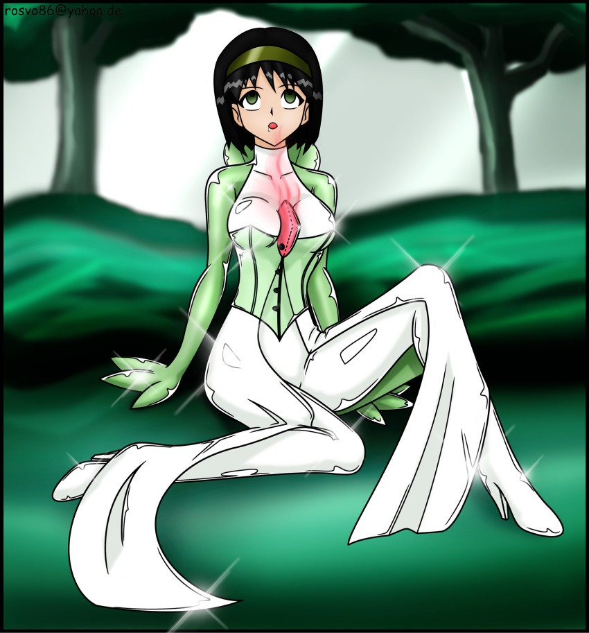 black_hair bodily_fluids breasts clothing corset drooling erika_(pok&eacute;mon) female forest forest_background gardevoir green_eyes gym_leader hair hi_res high_heels human humanoid hypnosis lingerie looking_up mammal mind_control nature nature_background nintendo plant pok&eacute;mon pok&eacute;mon_(species) rosvo rubber rubber_clothing rubber_suit saliva solo topwear trance tree video_games