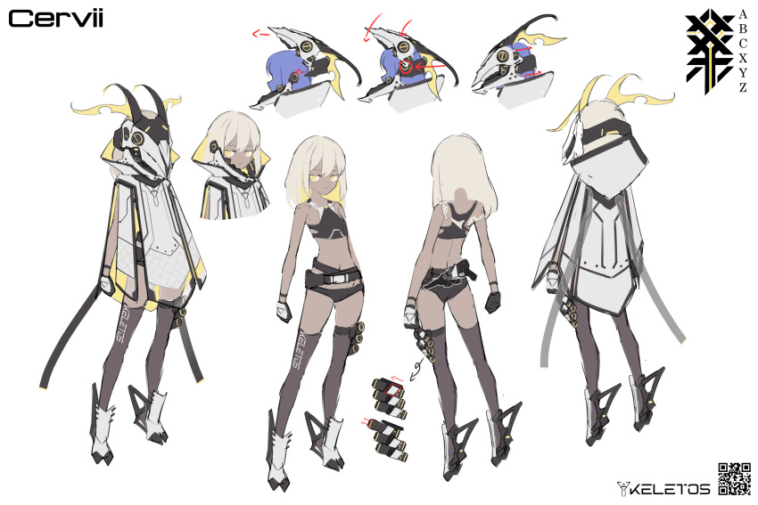 1girl absurdres arms_at_sides arrow_(symbol) belt blonde_hair character_sheet cloak dark-skinned_female dark_skin einheadt from_behind full_body gloves helmet highres hood hood_down hooded_cloak looking_at_viewer multiple_views original qr_code standing thigh_strap thighhighs white_background yellow_eyes