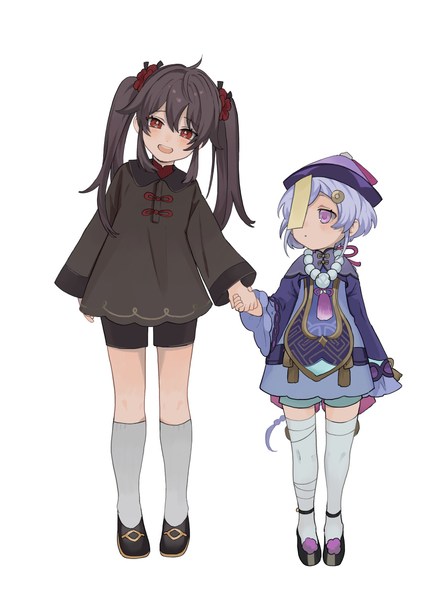 2girls absurdres ahoge aqua_shorts arm_at_side arms_at_sides bandaged_leg bandages bangs bead_necklace beads black_footwear black_hair black_shirt black_shorts braid braided_ponytail child coin_hair_ornament dress flower-shaped_pupils full_body genshin_impact hair_between_eyes hair_ornament hat head_tilt height_difference highres holding_hands hu_tao_(genshin_impact) jewelry kneehighs long_hair long_sleeves looking_at_another looking_at_viewer looking_away looking_to_the_side multiple_girls nakura_hakuto necklace ofuda one_eye_covered platform_footwear prayer_beads purple_dress purple_eyes purple_hair purple_headwear qing_guanmao qiqi_(genshin_impact) red_eyes shirt shorts side-by-side sidelocks simple_background single_braid standing swept_bangs symbol-shaped_pupils tassel thighhighs toggles twintails very_long_hair white_background white_legwear wide_sleeves younger