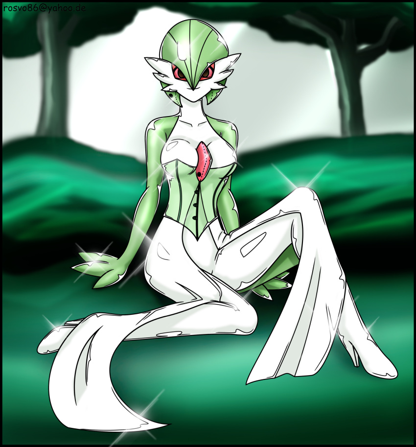 breasts clothing corset erika_(pok&eacute;mon) female forest forest_background gardevoir gym_leader hi_res high_heels human humanoid lingerie looking_at_viewer mammal mask nature nature_background nintendo plant pok&eacute;mon pok&eacute;mon_(species) rosvo rubber rubber_clothing rubber_suit solo topwear tree video_games