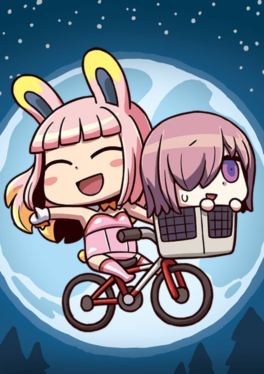 2girls animal_ears april_fools bicycle bicycle_basket blush_stickers chibi closed_eyes e.t. fate/grand_order fate_(series) flying full_moon ground_vehicle highres in_basket long_hair mash_kyrielight moon multiple_girls official_art parody rabbit_ears riding riyo_(lyomsnpmp) riyo_servant_(bunnygirl)_(fate) smile